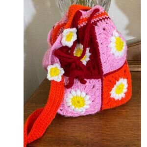 Knit Floral Backpack Handbag Handmade Crochet Boho Festival Colorful Bag &Wallet